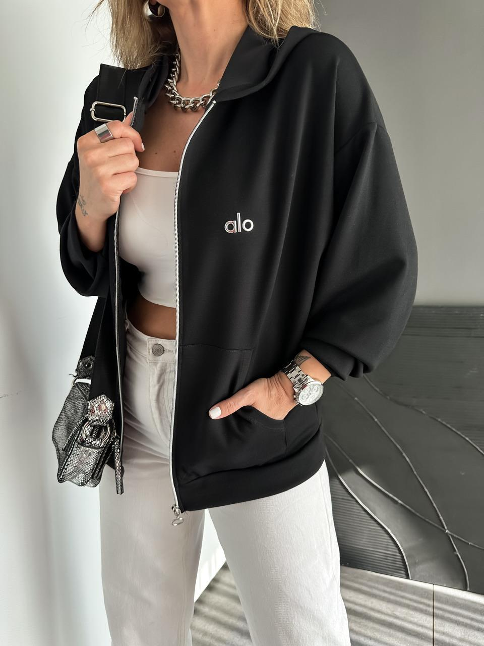 Siyah Fermuarlı Kapşonlu Alo Sweatshirt