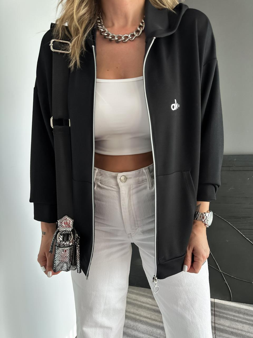 Siyah Fermuarlı Kapşonlu Alo Sweatshirt