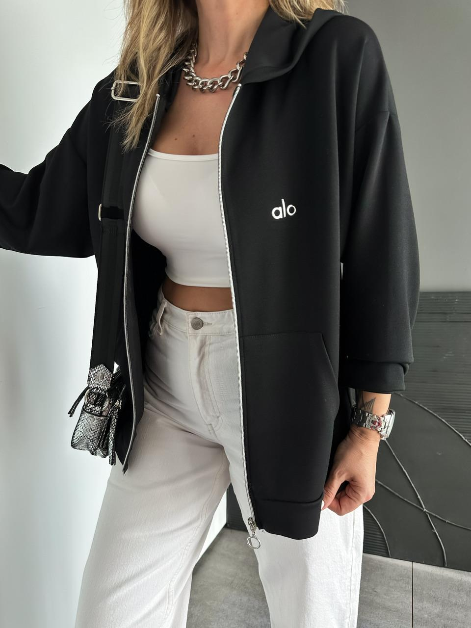 Siyah Fermuarlı Kapşonlu Alo Sweatshirt