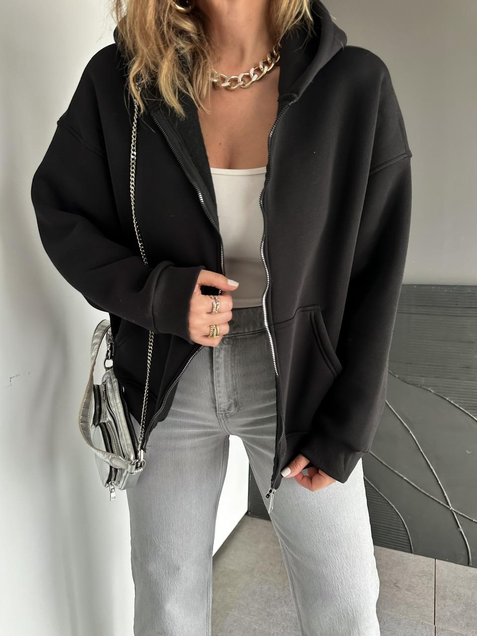 Siyah Fermuarlı Şardonlu Sweatshirt