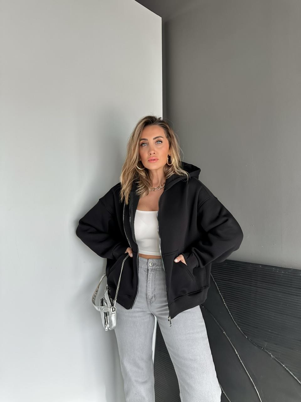 Siyah Fermuarlı Şardonlu Sweatshirt