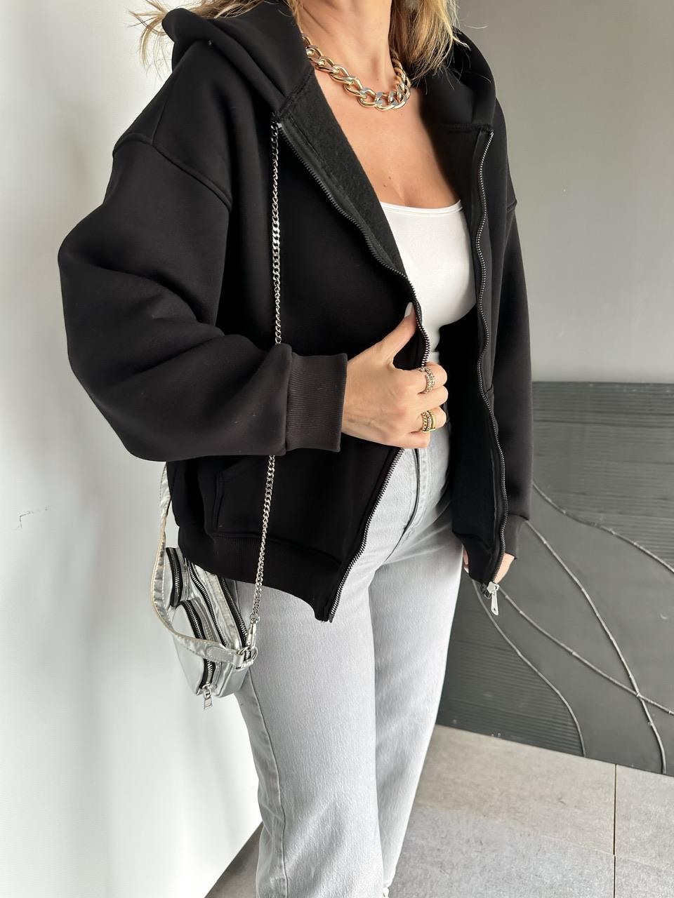 Siyah Fermuarlı Şardonlu Sweatshirt
