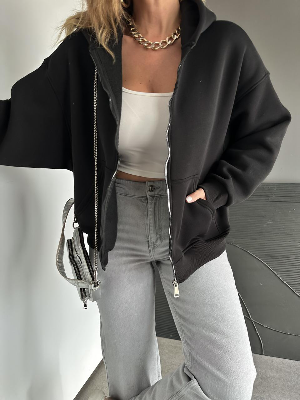 Siyah Fermuarlı Şardonlu Sweatshirt