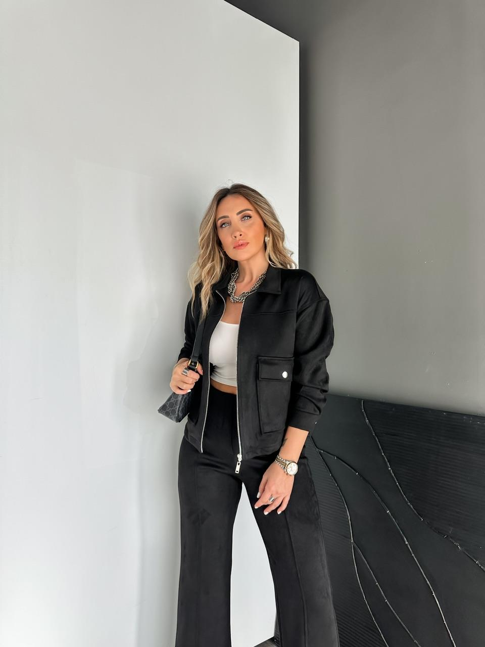 Siyah Fermuarlı Süet Spor Ceket