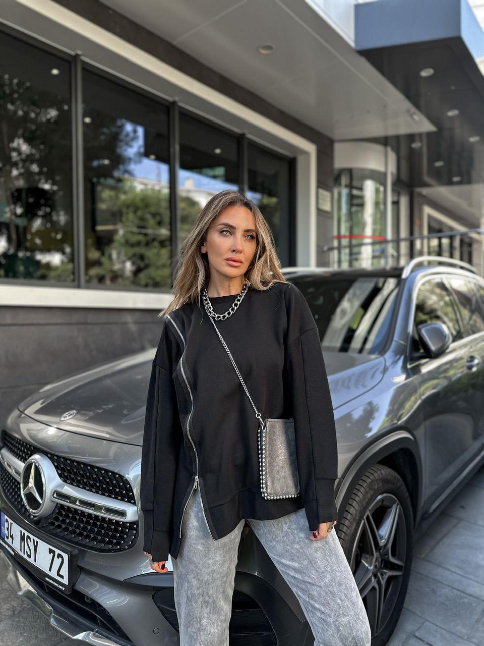 Siyah Fermuarlı Tasarım Sweatshirt