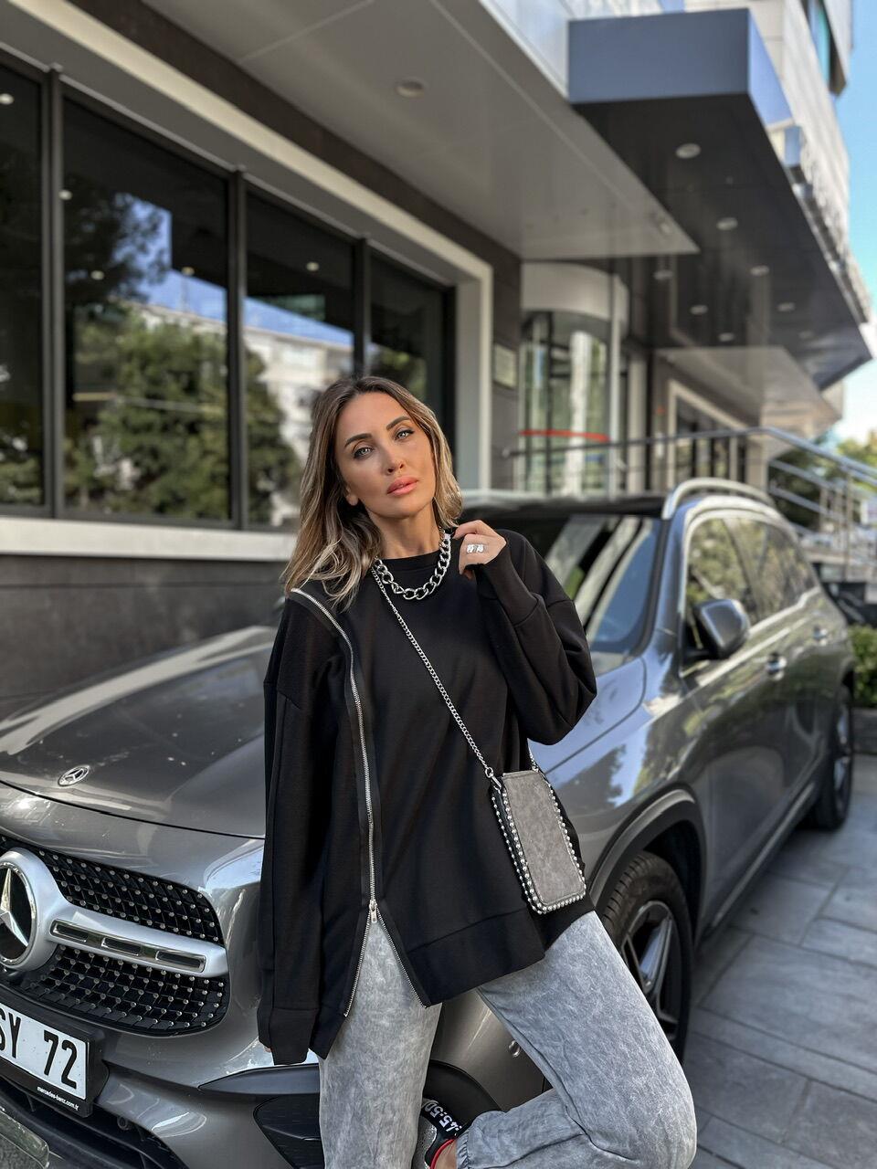 Siyah Fermuarlı Tasarım Sweatshirt