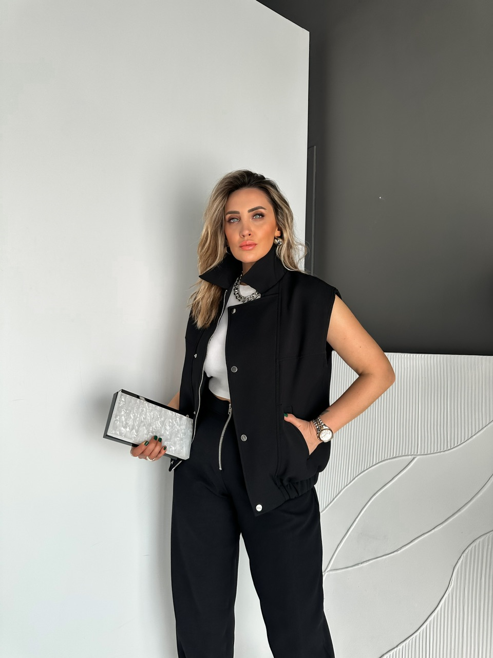 Siyah Fermuarlı Yelekli Premium Takım