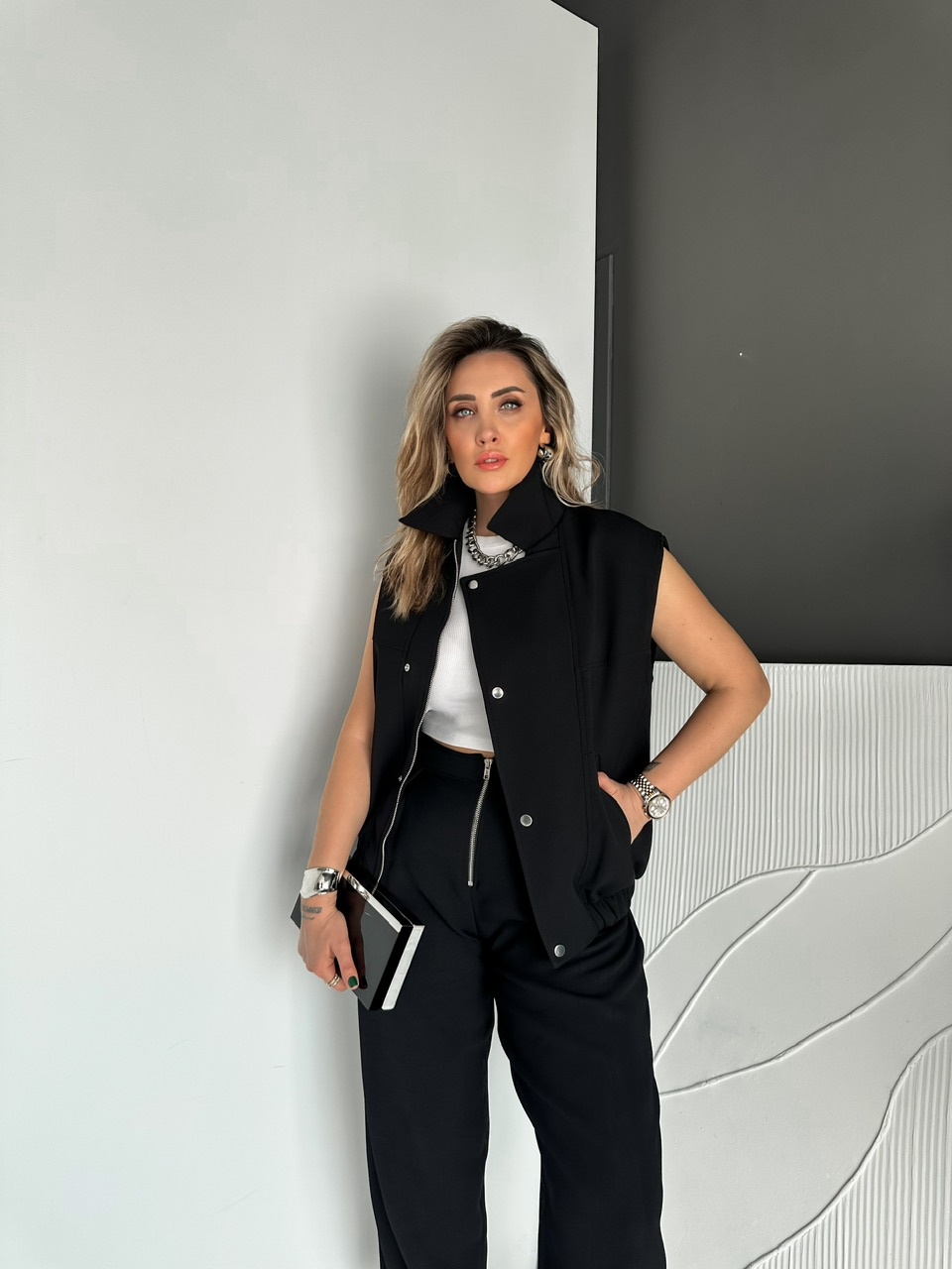 Siyah Fermuarlı Yelekli Premium Takım