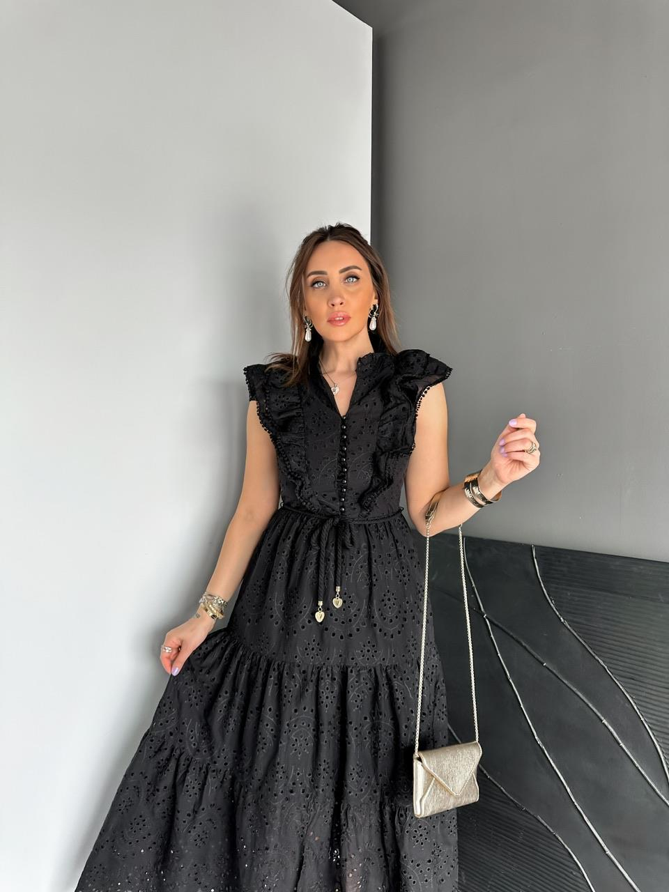 Siyah Fırfırlı Düğmeli Fisto Elbise