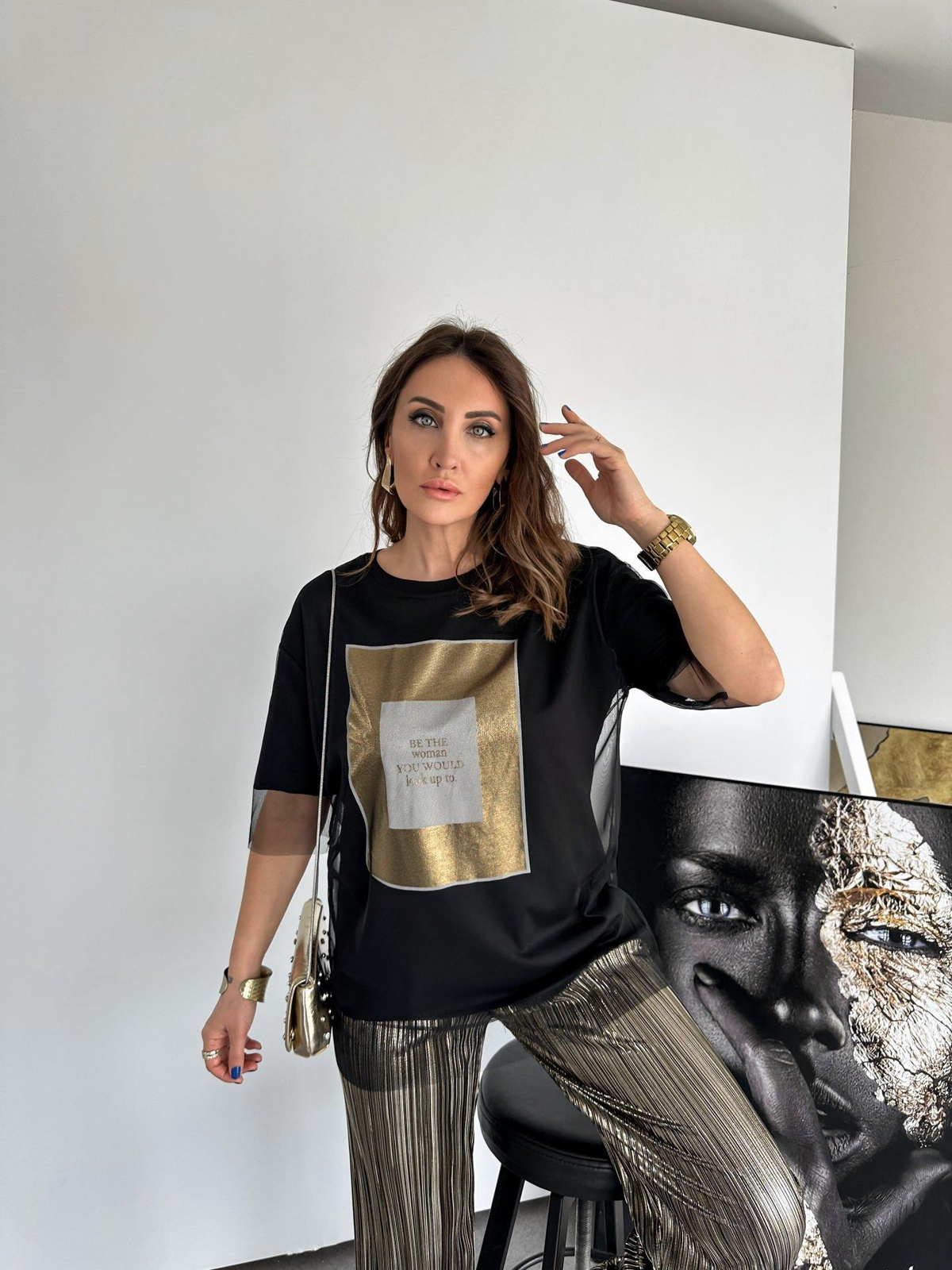 Siyah Gold Baskılı Tüllü Tshirt