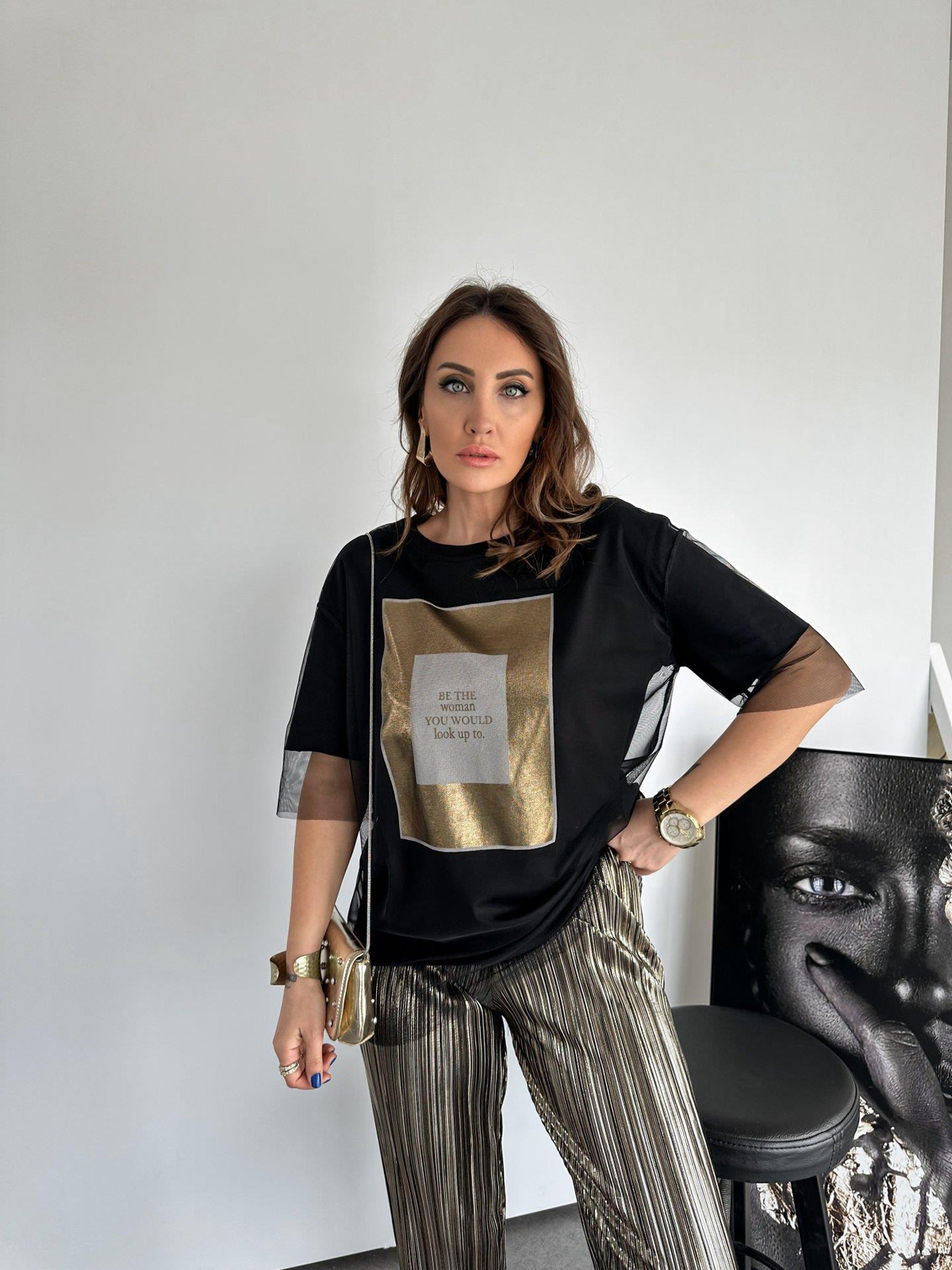 Siyah Gold Baskılı Tüllü Tshirt