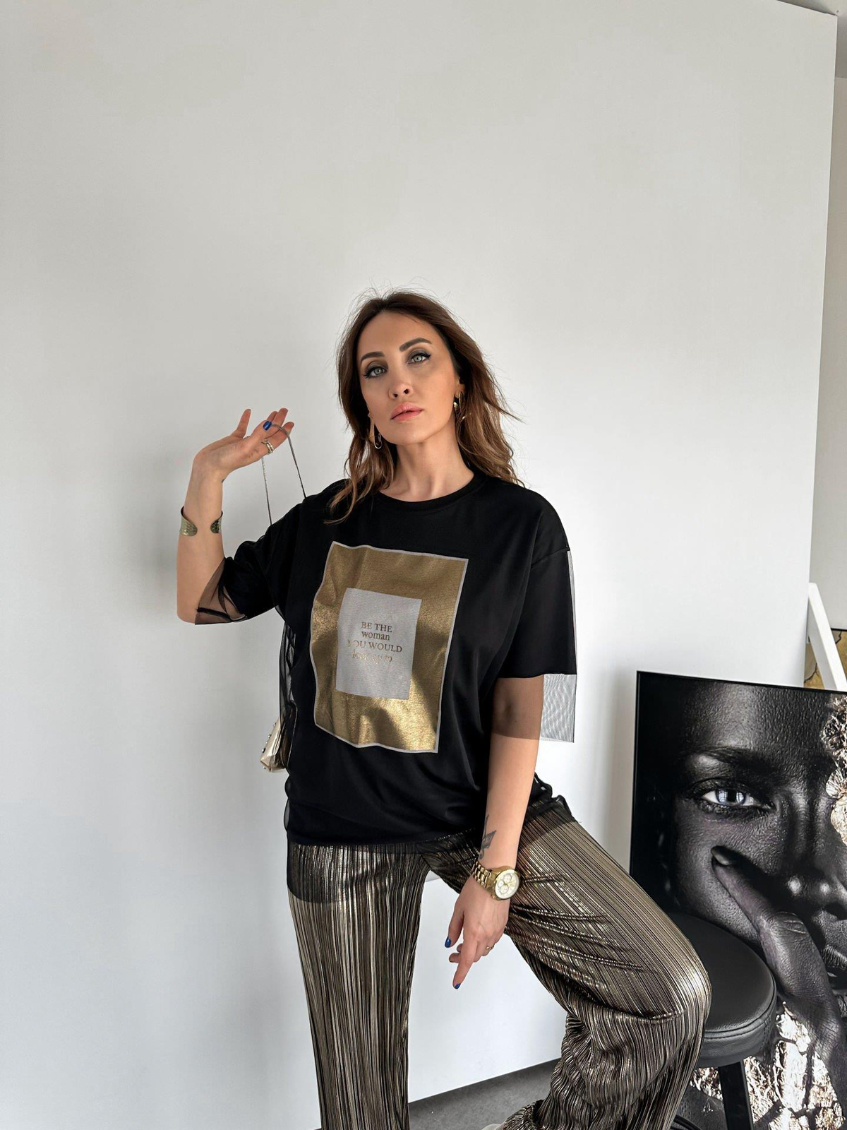 Siyah Gold Baskılı Tüllü Tshirt