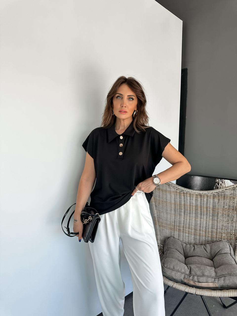 Siyah Gold Düğmeli Modal Tshirt