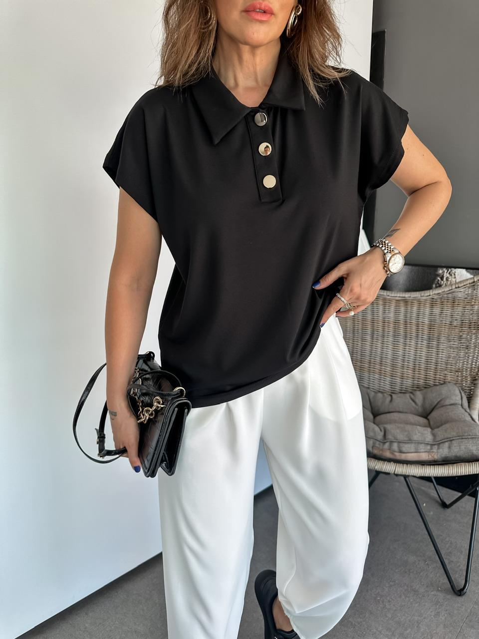 Siyah Gold Düğmeli Modal Tshirt