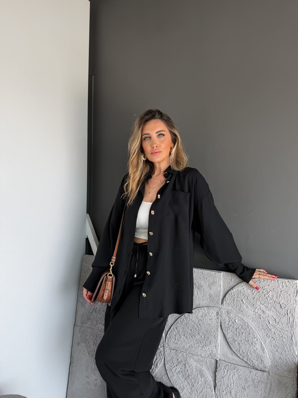 Siyah Gold Düğmeli Şalvarlı Takım