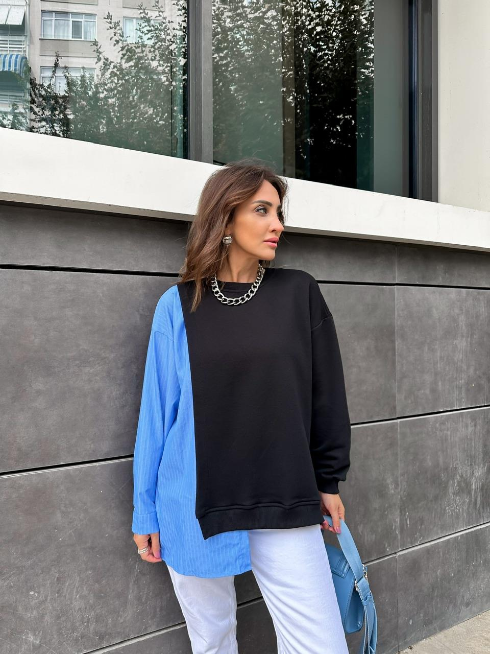 Siyah Gömlek Parçalı Asimetrik Sweatshirt