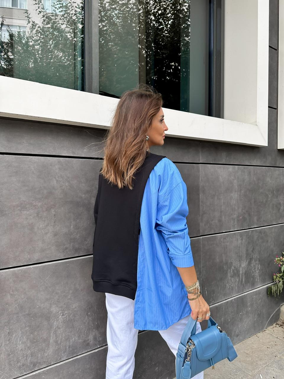 Siyah Gömlek Parçalı Asimetrik Sweatshirt