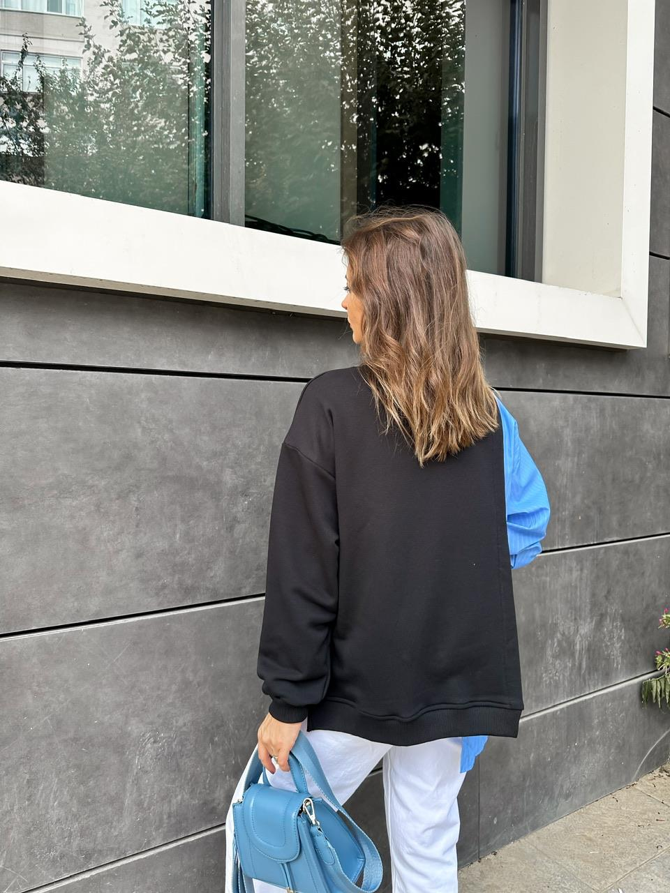 Siyah Gömlek Parçalı Asimetrik Sweatshirt