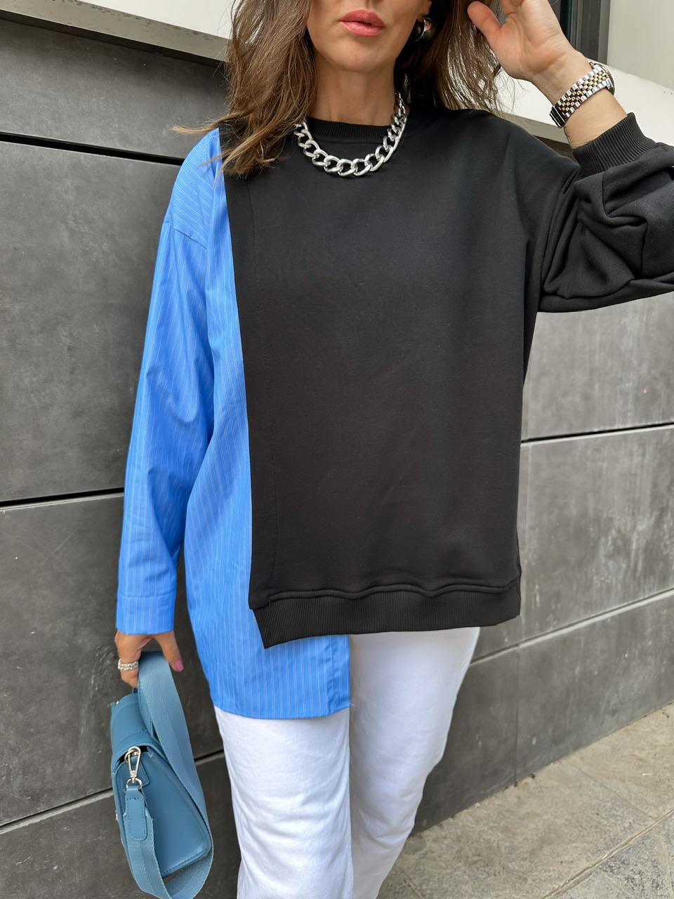 Siyah Gömlek Parçalı Asimetrik Sweatshirt