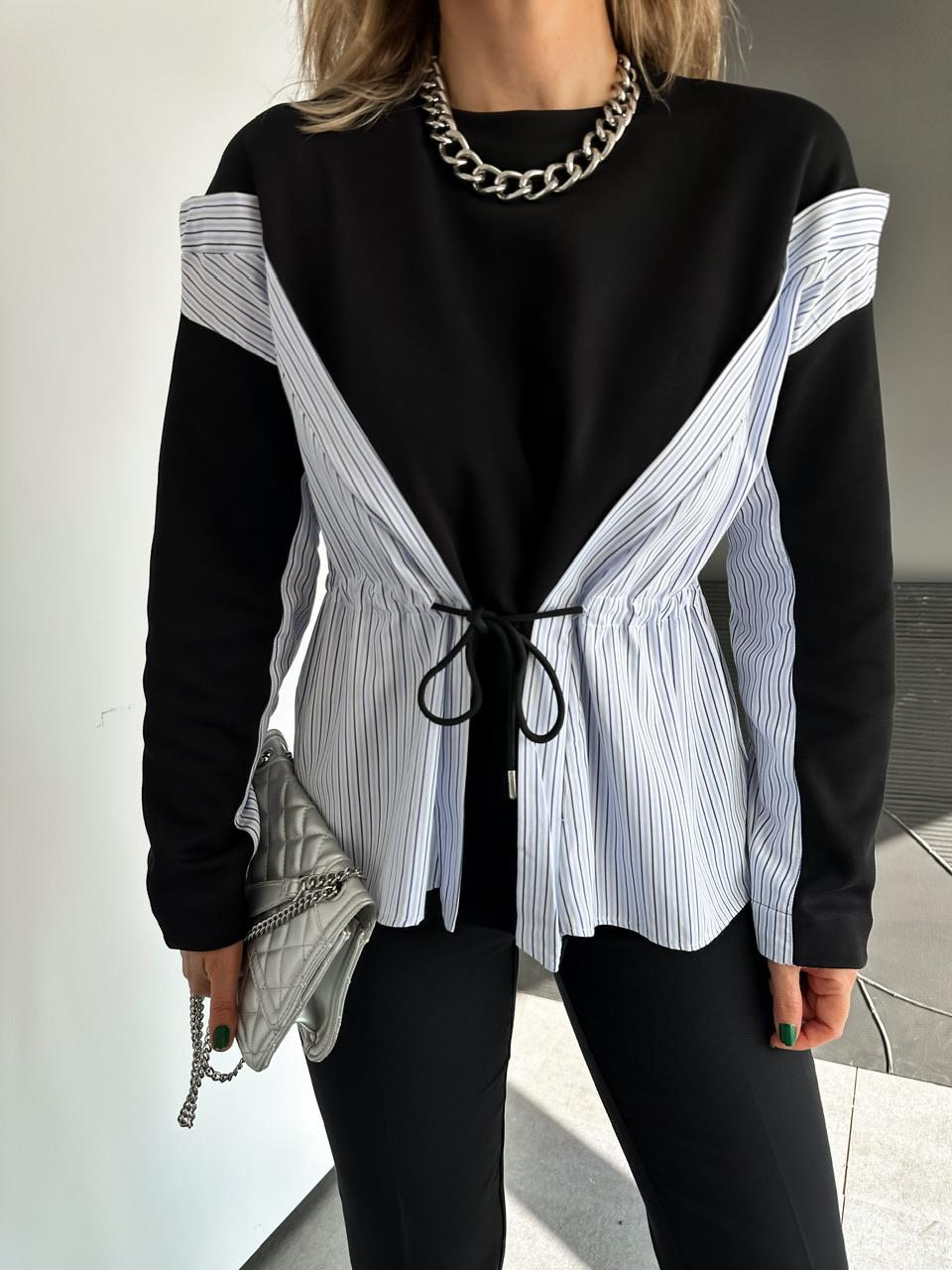 Siyah Gömlek Parçalı Beli İpli Sweatshirt