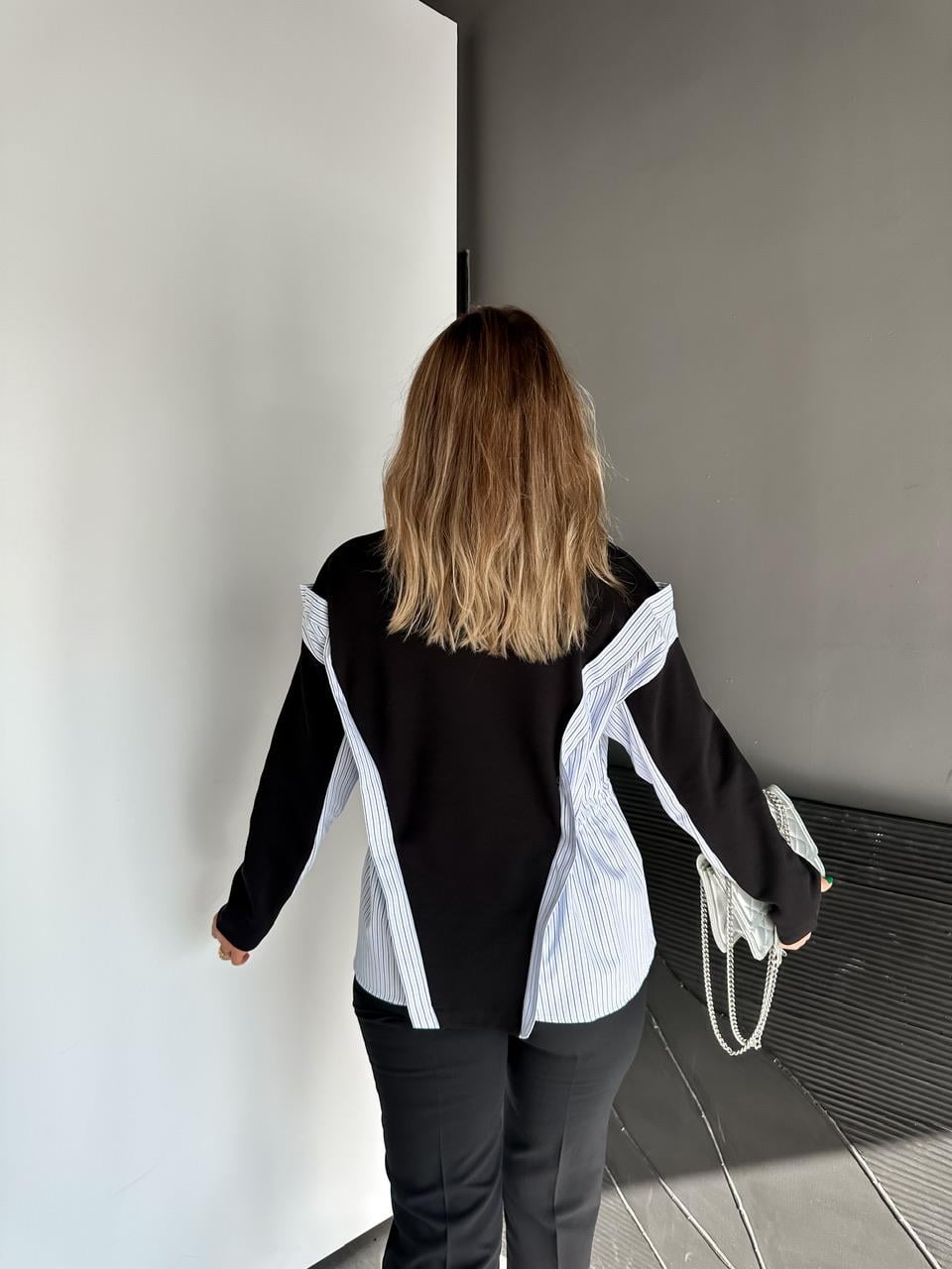 Siyah Gömlek Parçalı Beli İpli Sweatshirt