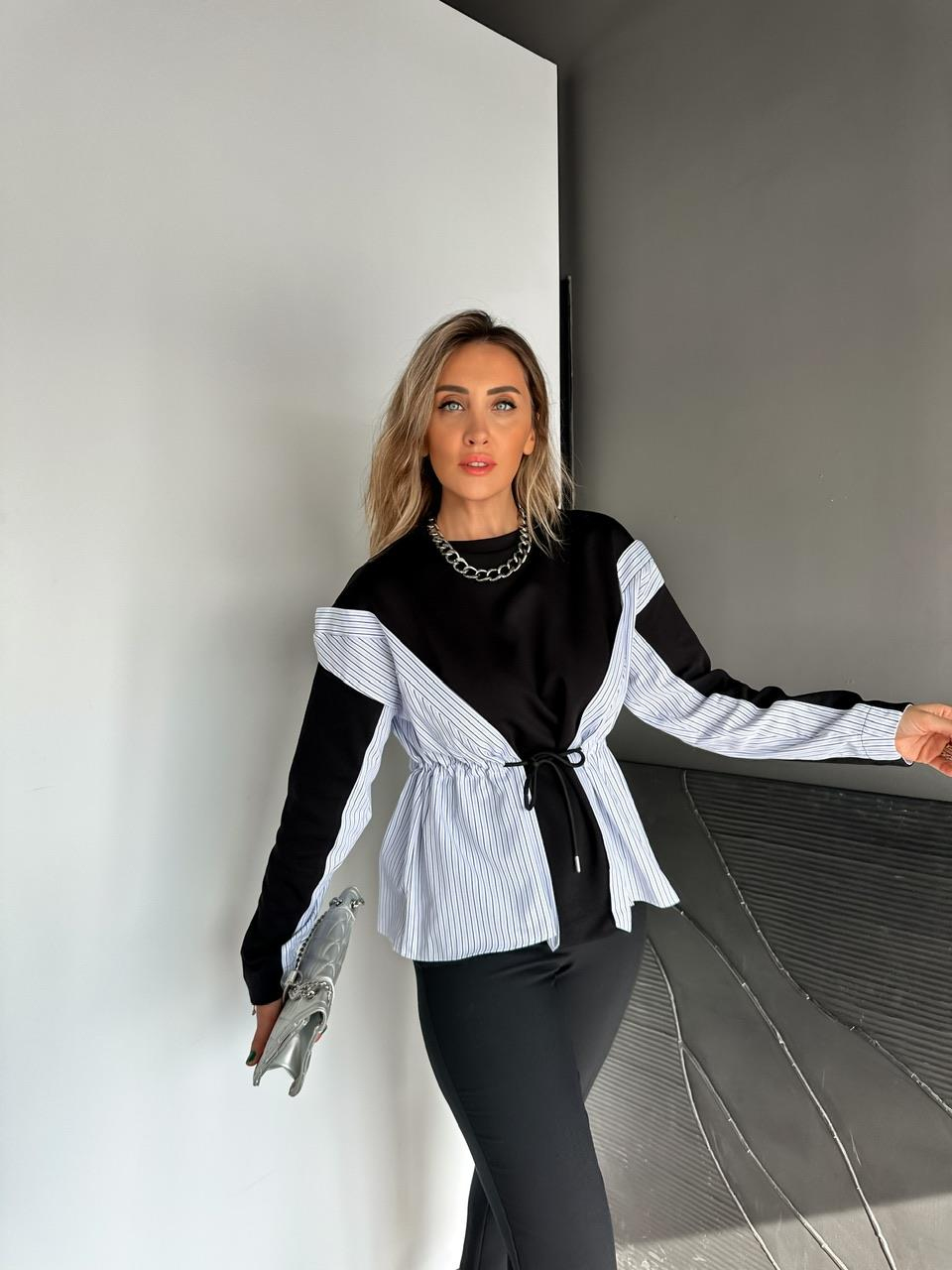 Siyah Gömlek Parçalı Beli İpli Sweatshirt