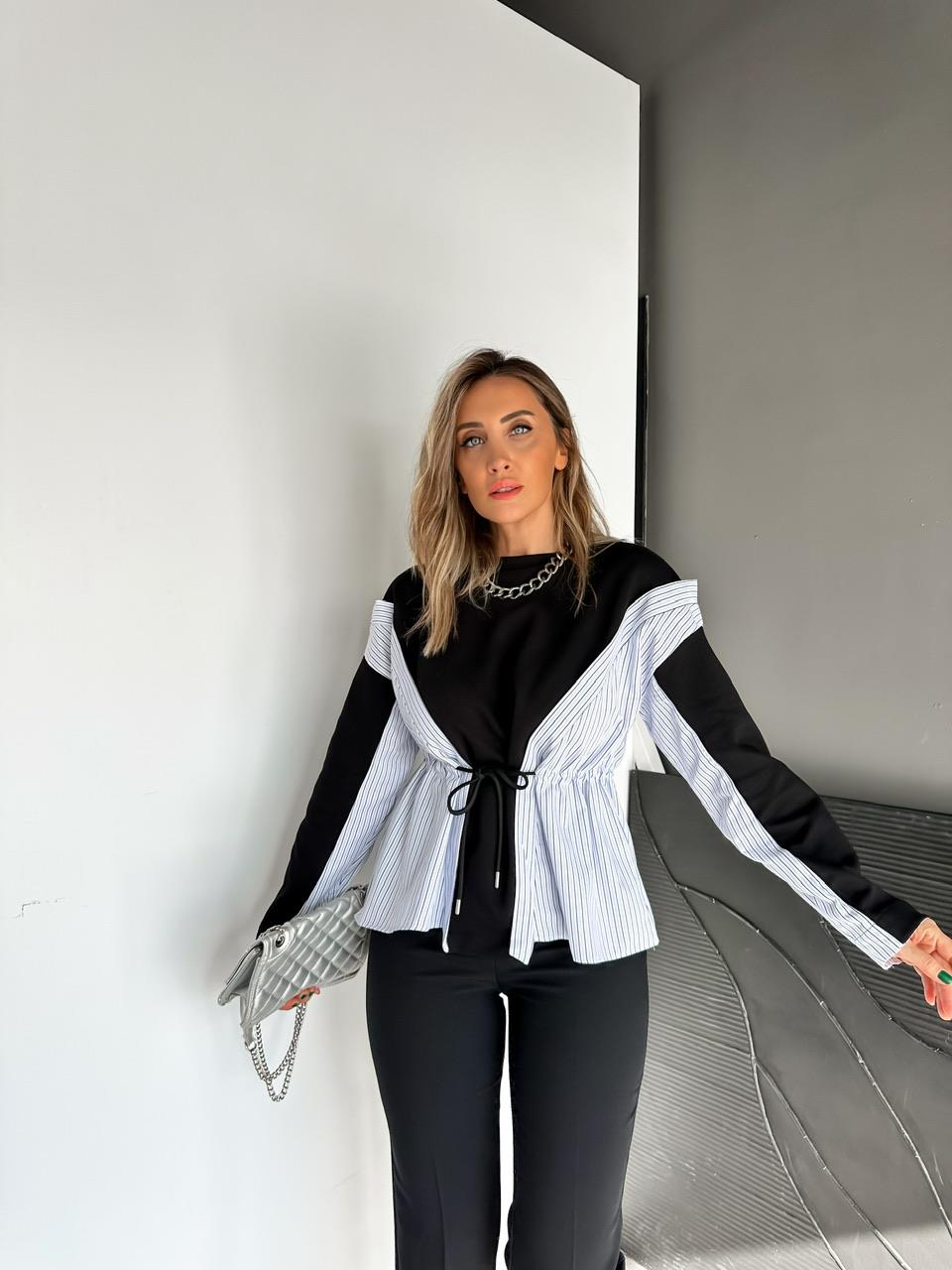 Siyah Gömlek Parçalı Beli İpli Sweatshirt