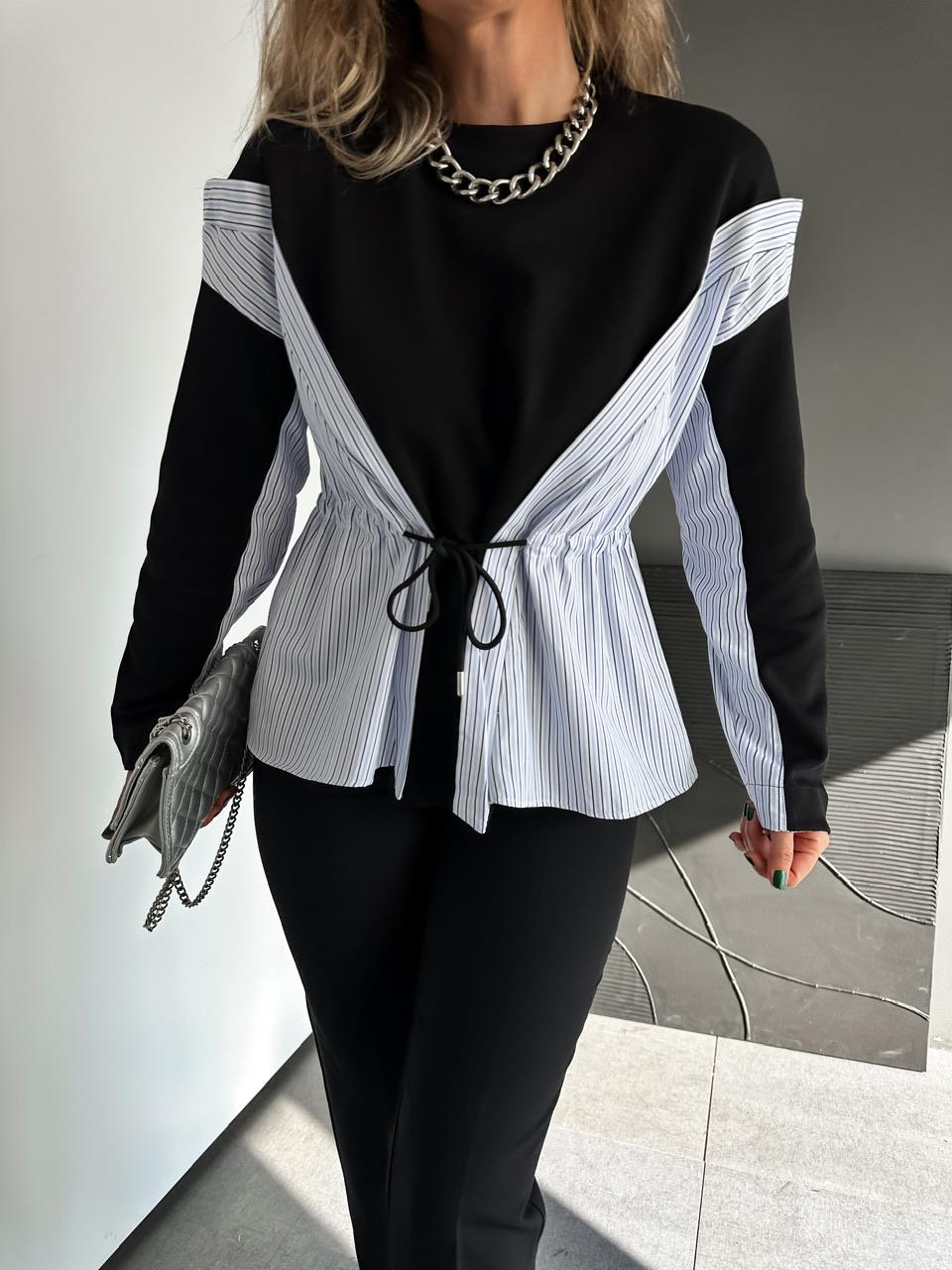 Siyah Gömlek Parçalı Beli İpli Sweatshirt