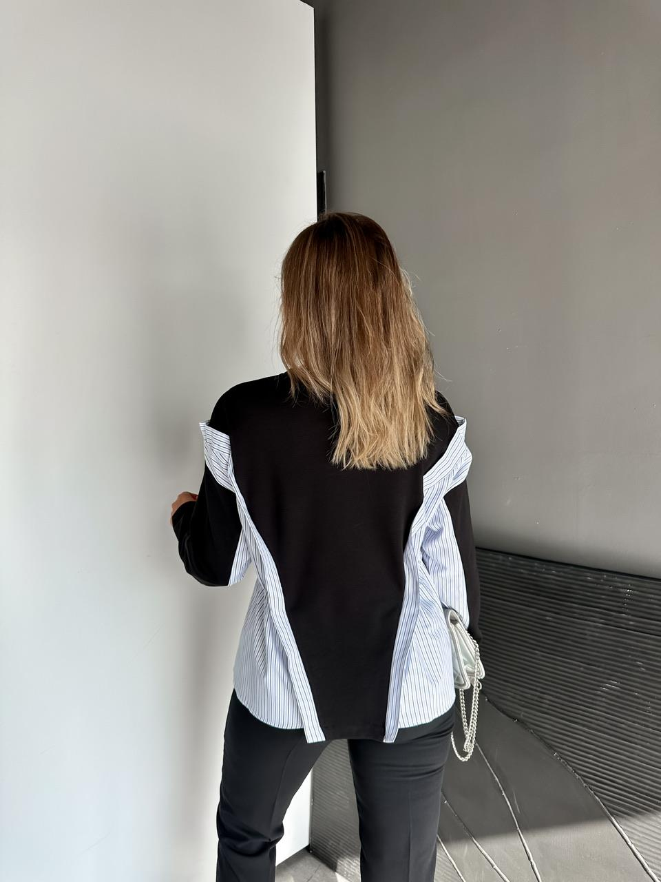 Siyah Gömlek Parçalı Beli İpli Sweatshirt