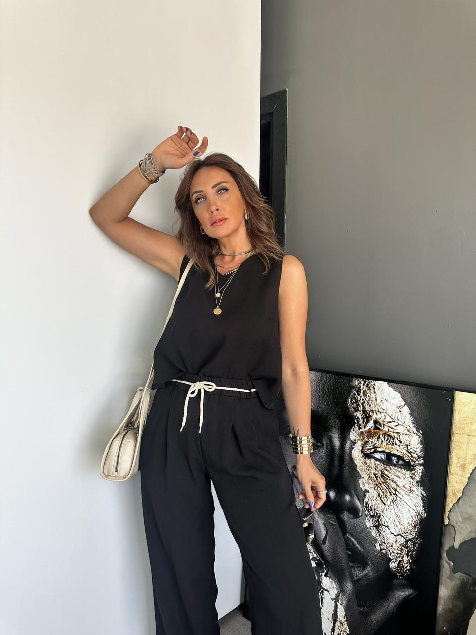 Siyah Halat Kemerli Keten Takım