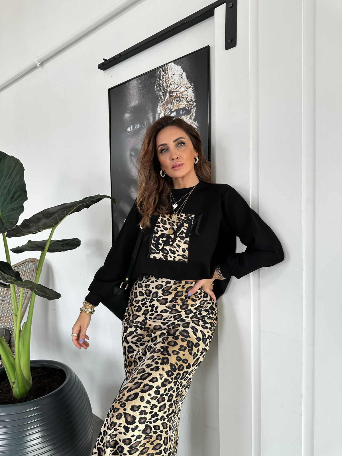 Siyah Icon Leopar Parçalı Sweatshirt