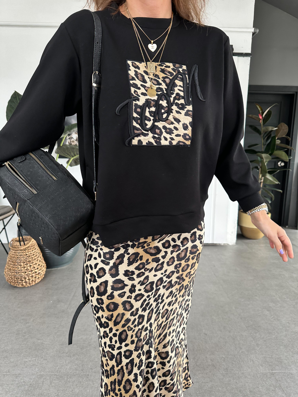 Siyah Icon Leopar Parçalı Sweatshirt