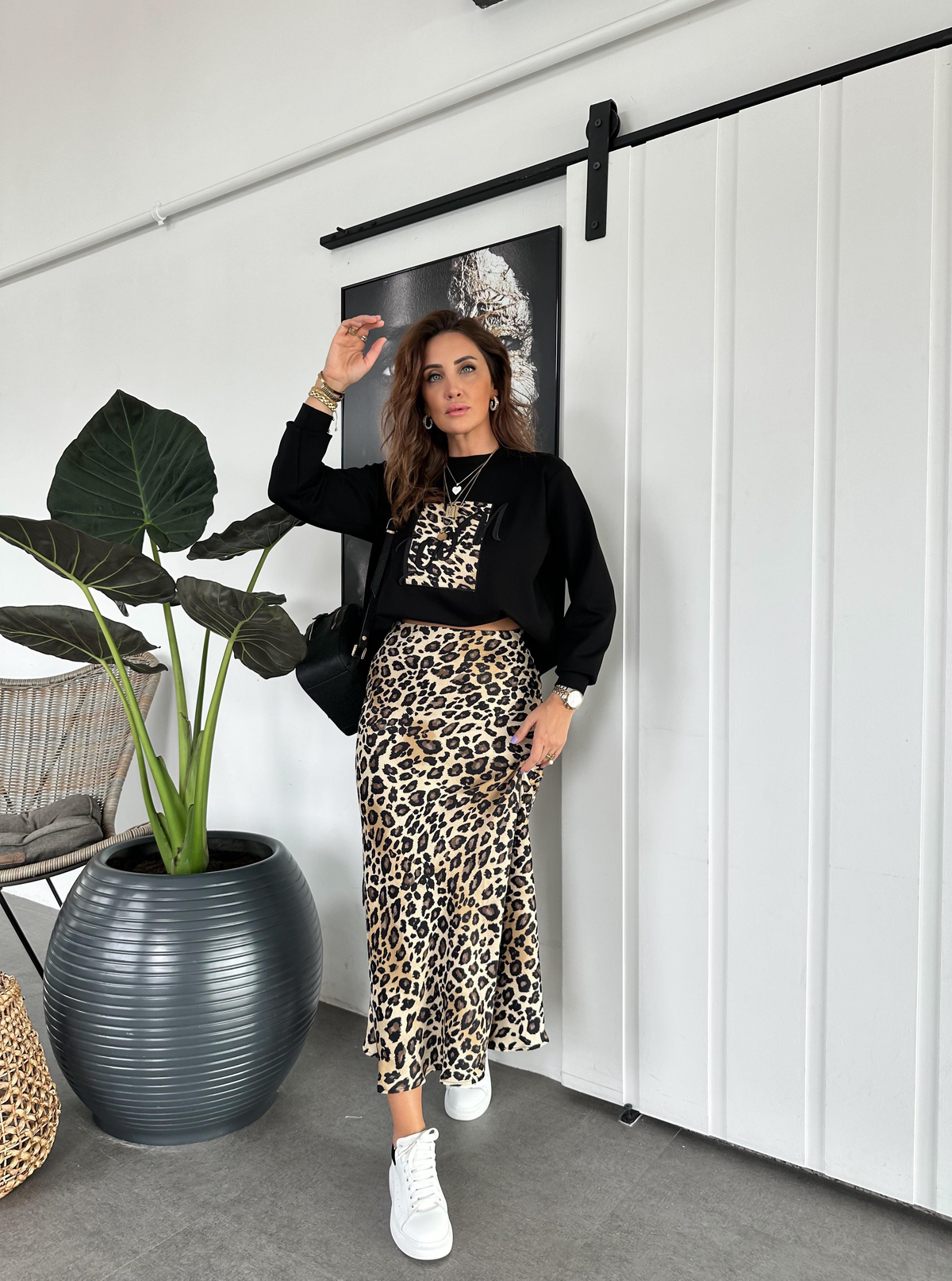 Siyah Icon Leopar Parçalı Sweatshirt