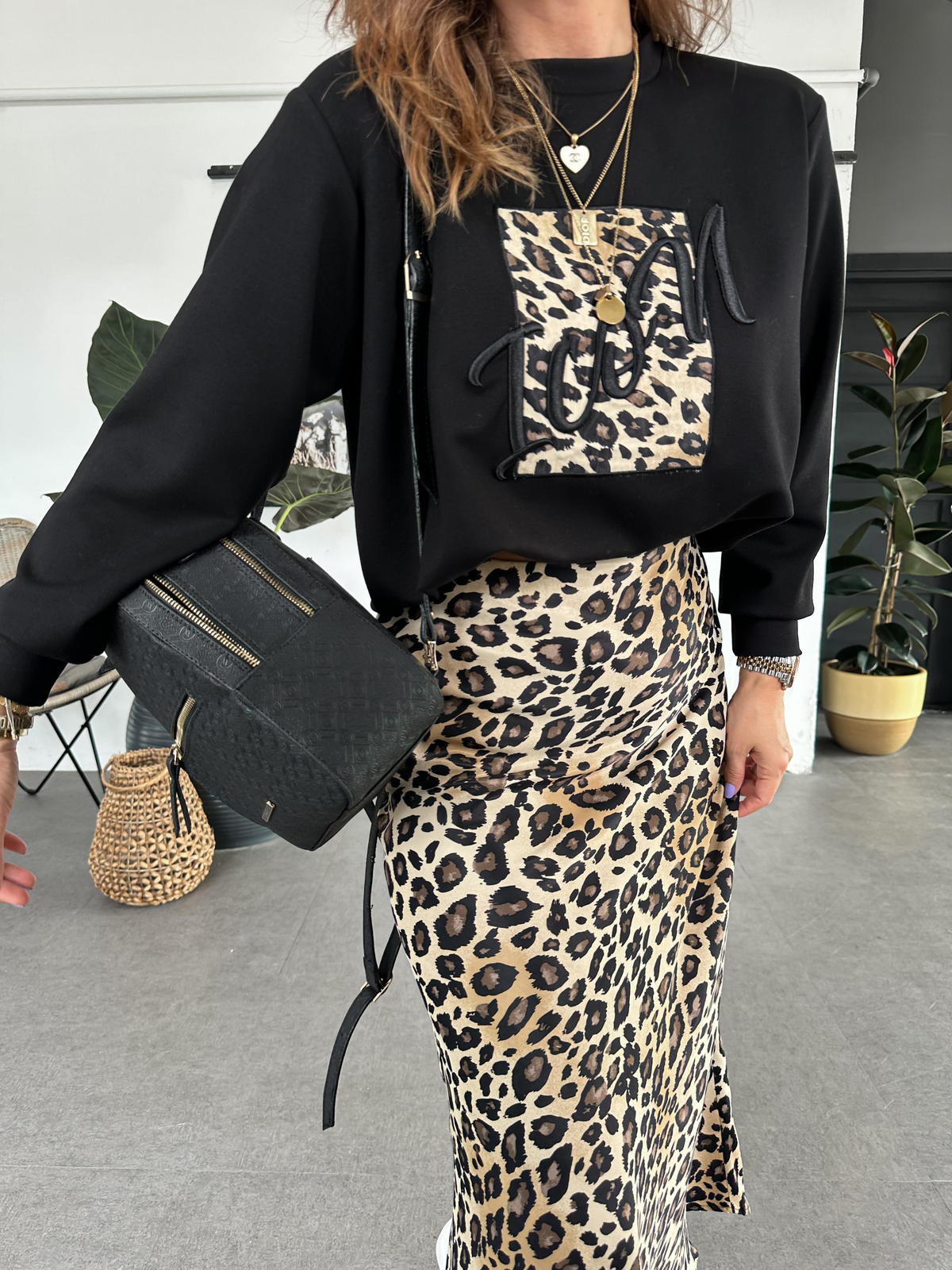 Siyah Icon Leopar Parçalı Sweatshirt