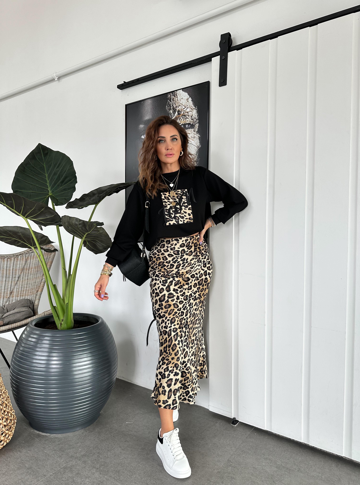 Siyah Icon Leopar Parçalı Sweatshirt