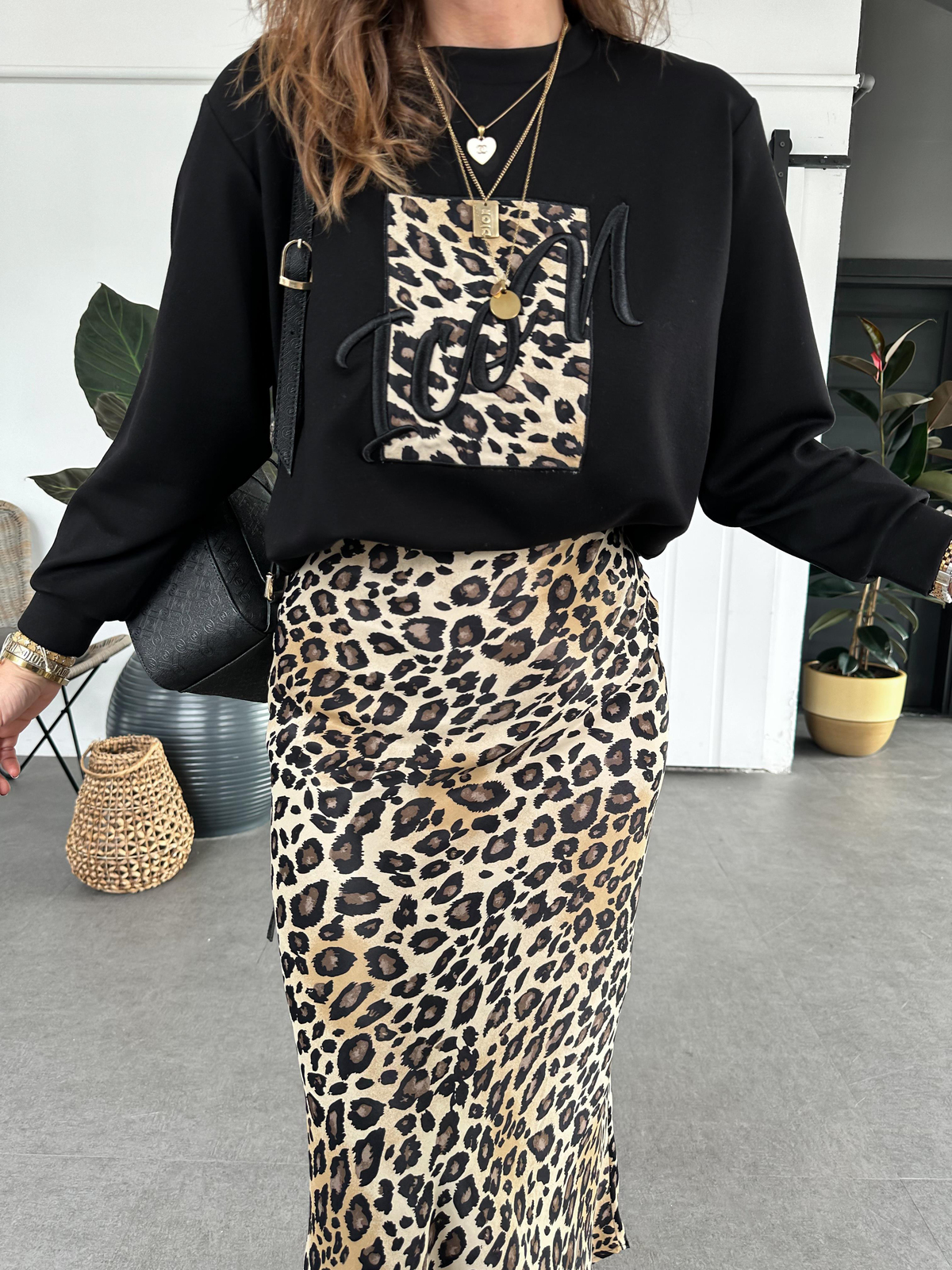 Siyah Icon Leopar Parçalı Sweatshirt