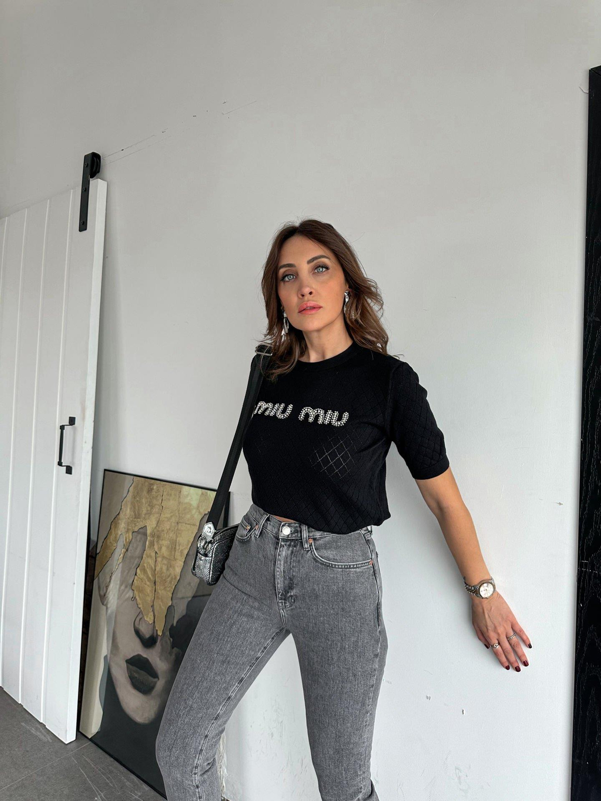 Siyah İnci Yazılı Bluz