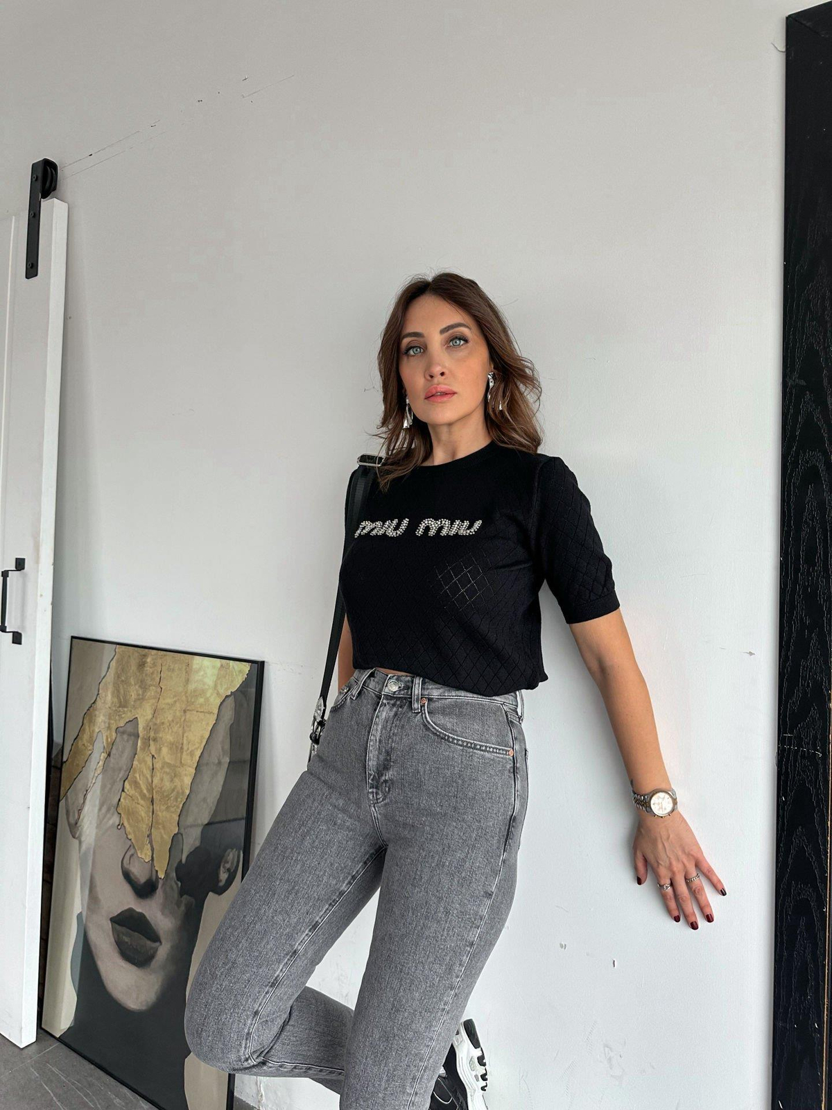 Siyah İnci Yazılı Bluz