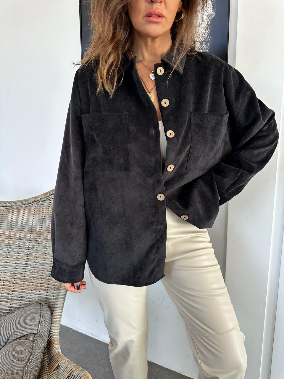 Siyah Kadife Oversize Gömlek