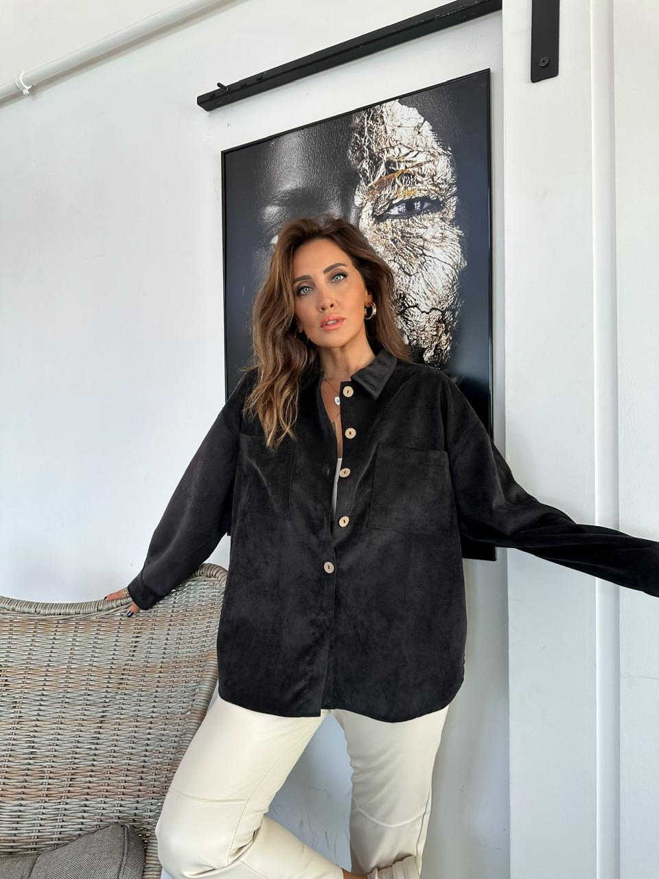 Siyah Kadife Oversize Gömlek