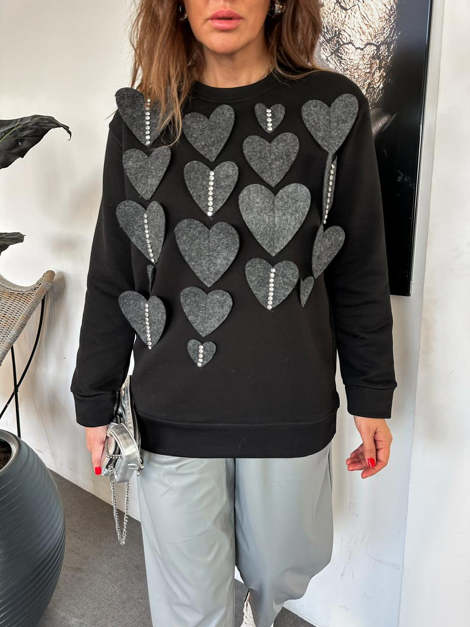 Siyah Kalp Keceli Taşlı Sweatshirt