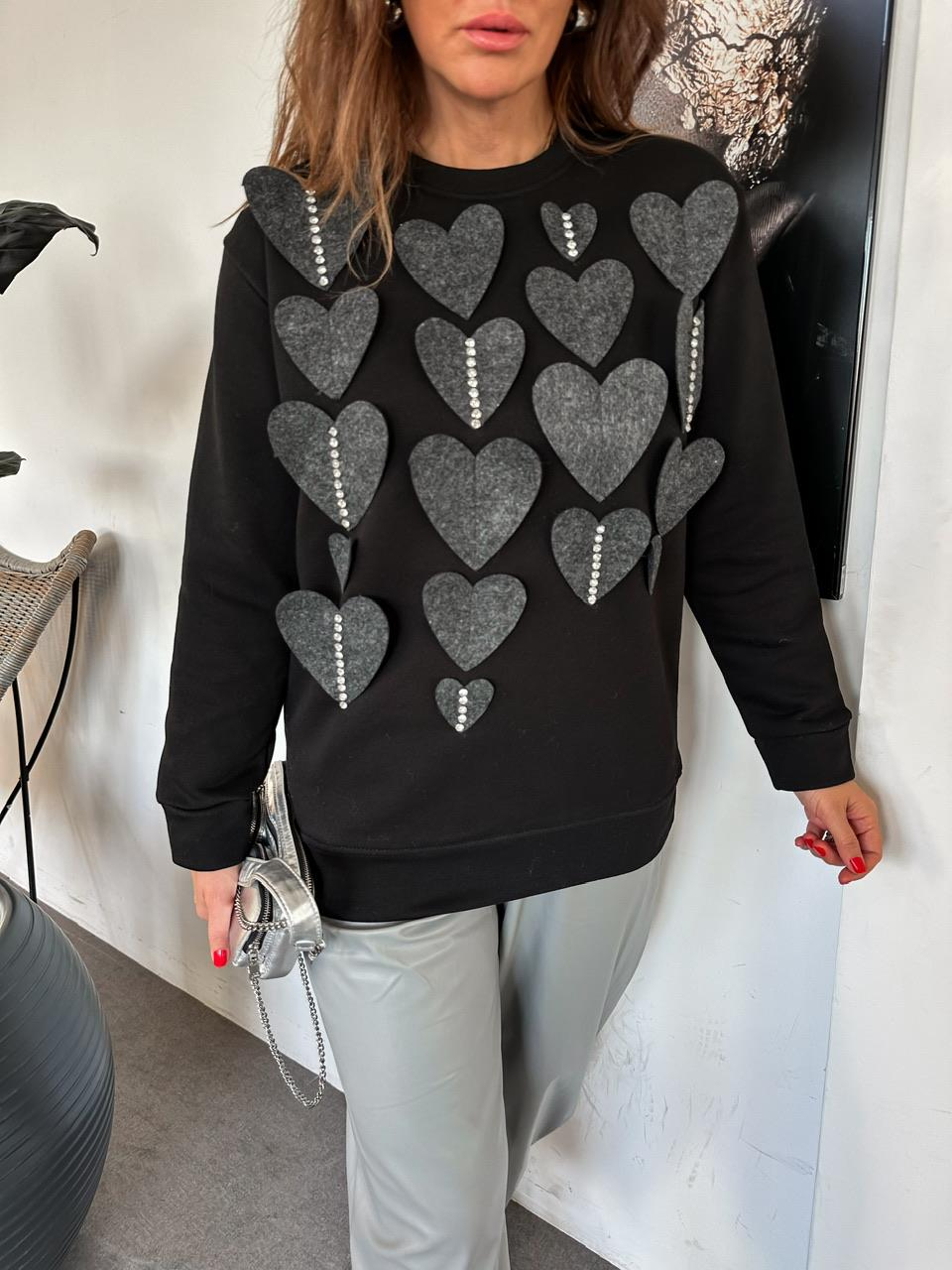 Siyah Kalp Keceli Taşlı Sweatshirt