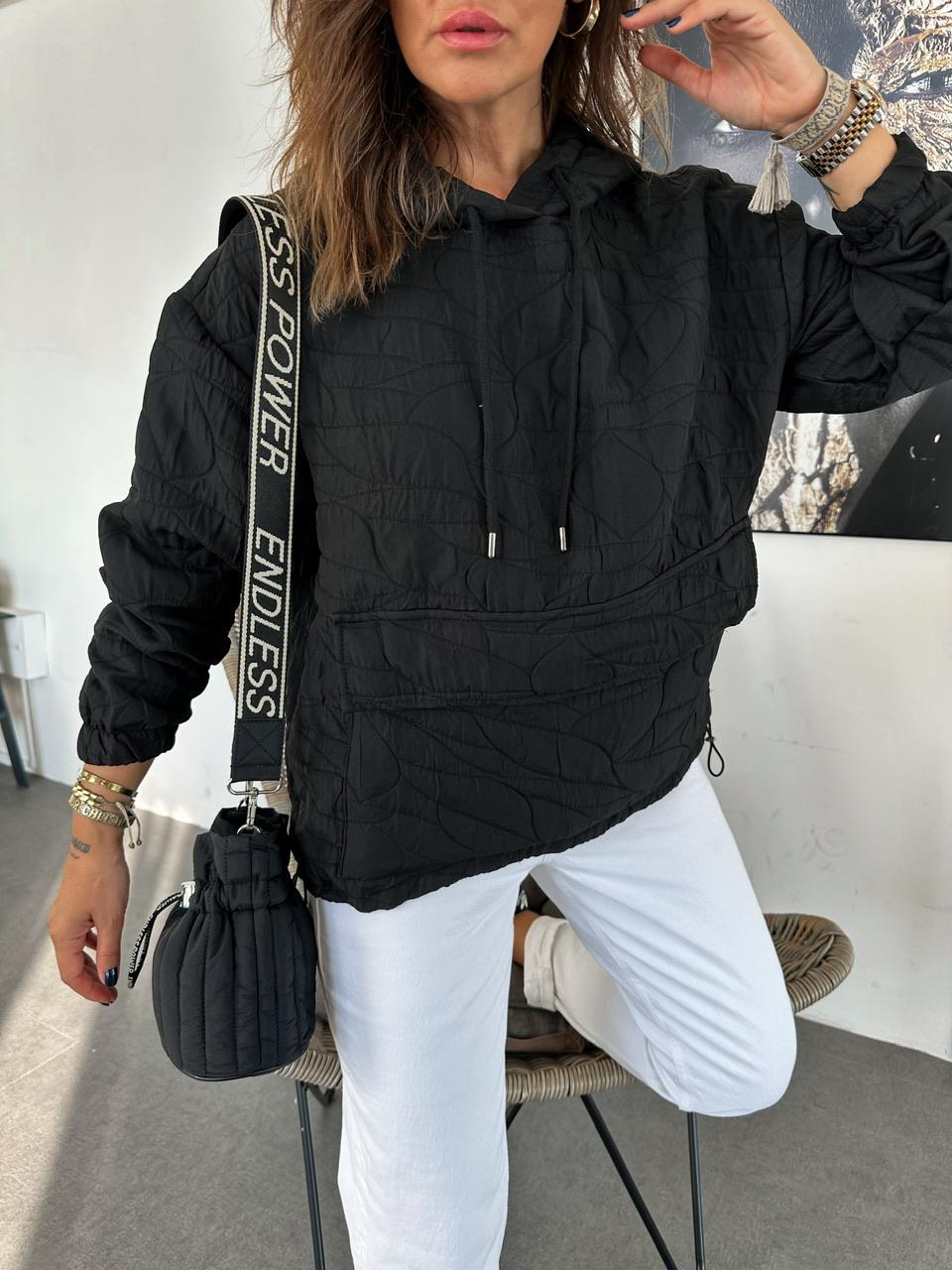 Siyah Kapitone Kapşonlu Sweatshirt