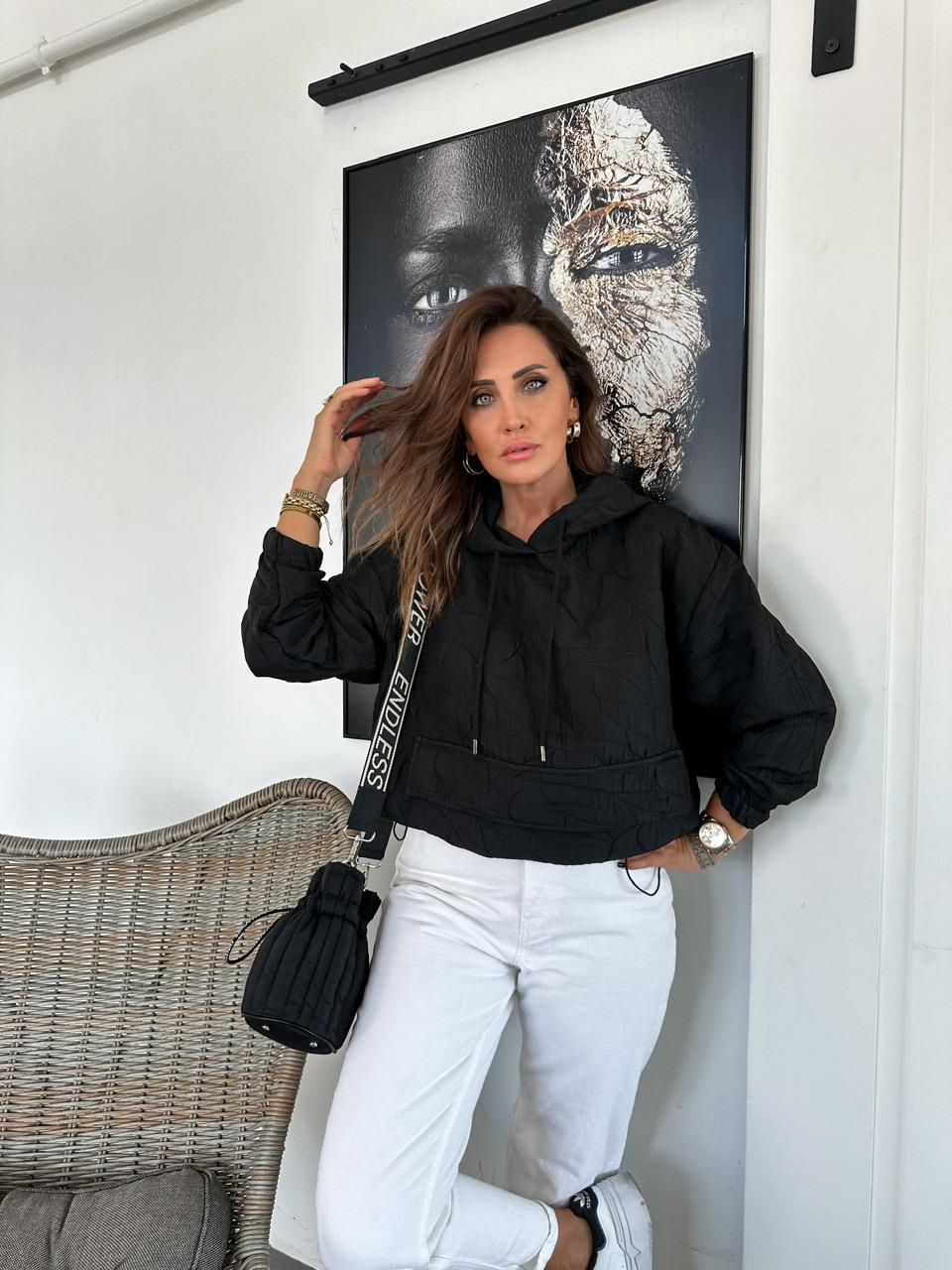 Siyah Kapitone Kapşonlu Sweatshirt