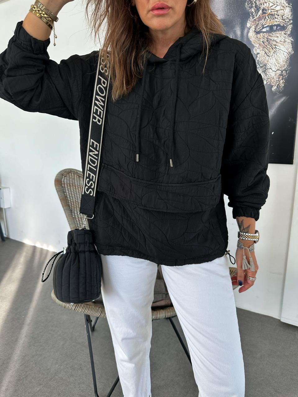 Siyah Kapitone Kapşonlu Sweatshirt