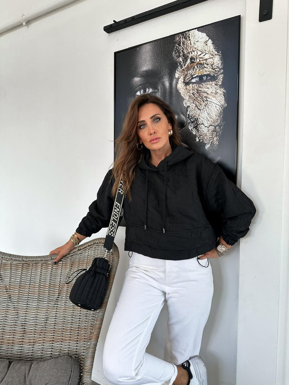 Siyah Kapitone Kapşonlu Sweatshirt