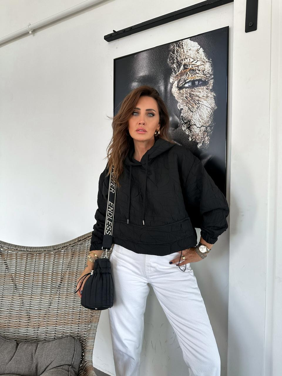 Siyah Kapitone Kapşonlu Sweatshirt