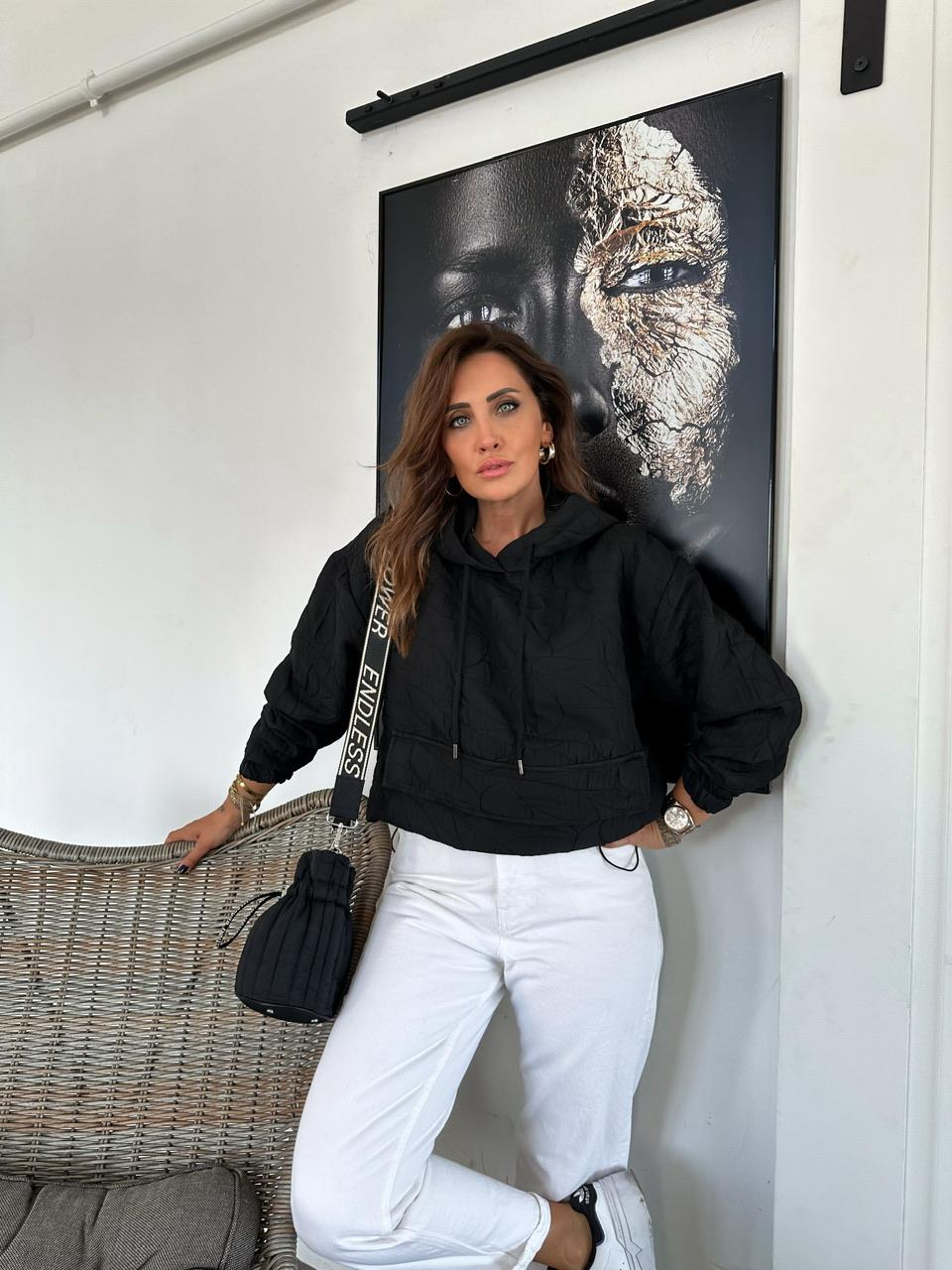 Siyah Kapitone Kapşonlu Sweatshirt
