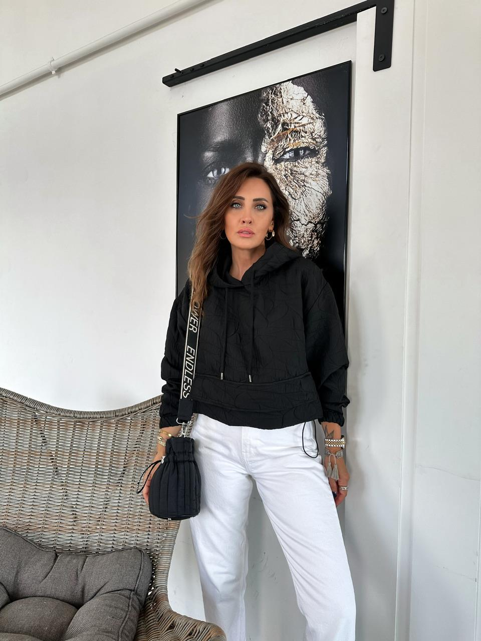 Siyah Kapitone Kapşonlu Sweatshirt
