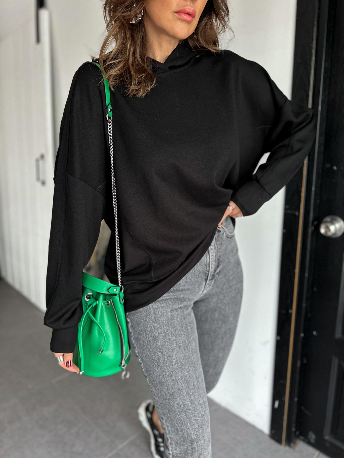 Siyah Kapşonlu Modal Sweatshirt